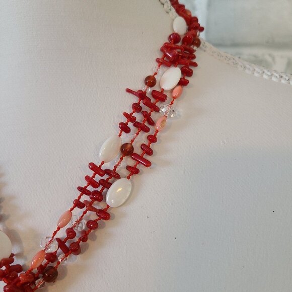 Red Coral Tassel Necklace Shell Glass Beads Hand Knotted - Picture 3 of 8